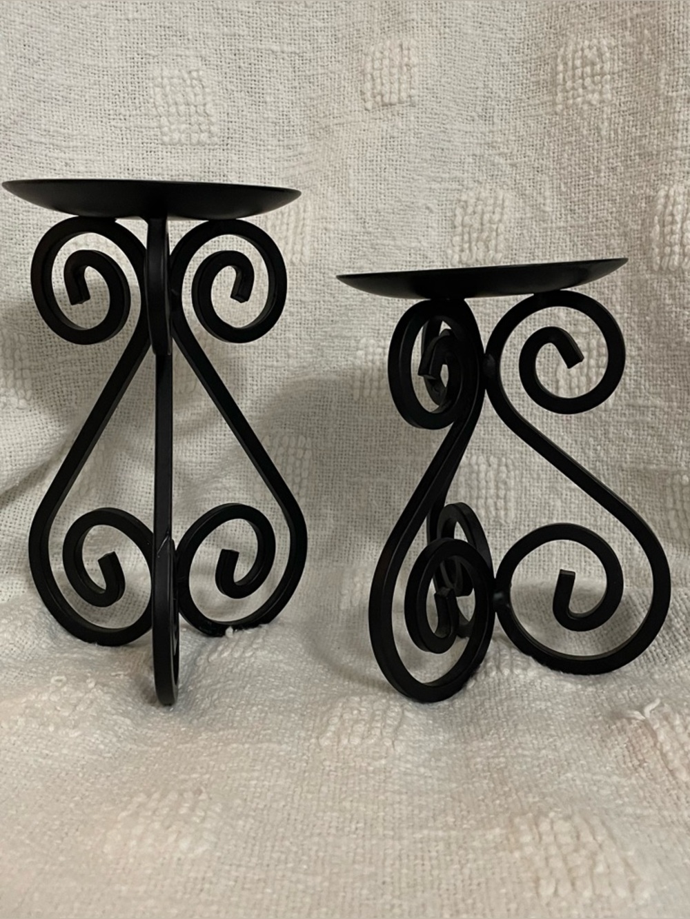 (2) Wrought iron pillar candle holder scrollwork design in black
